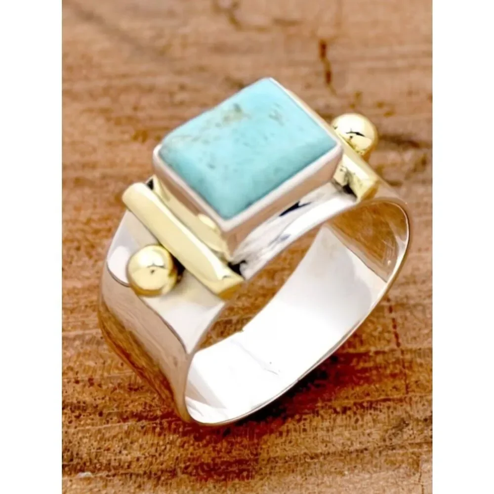 Ring Retro Boho-Chic Square Turquoise Wide Band Beaded Bohemian Minimalist